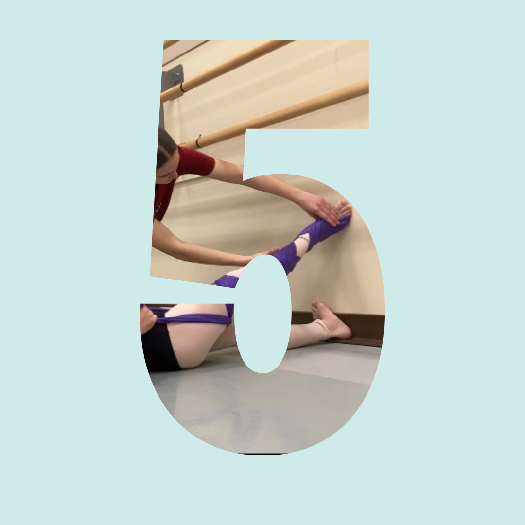 Hands-on correction of student's demi-pointe for resistance band PBT exercise in number "5" frame on teal background.