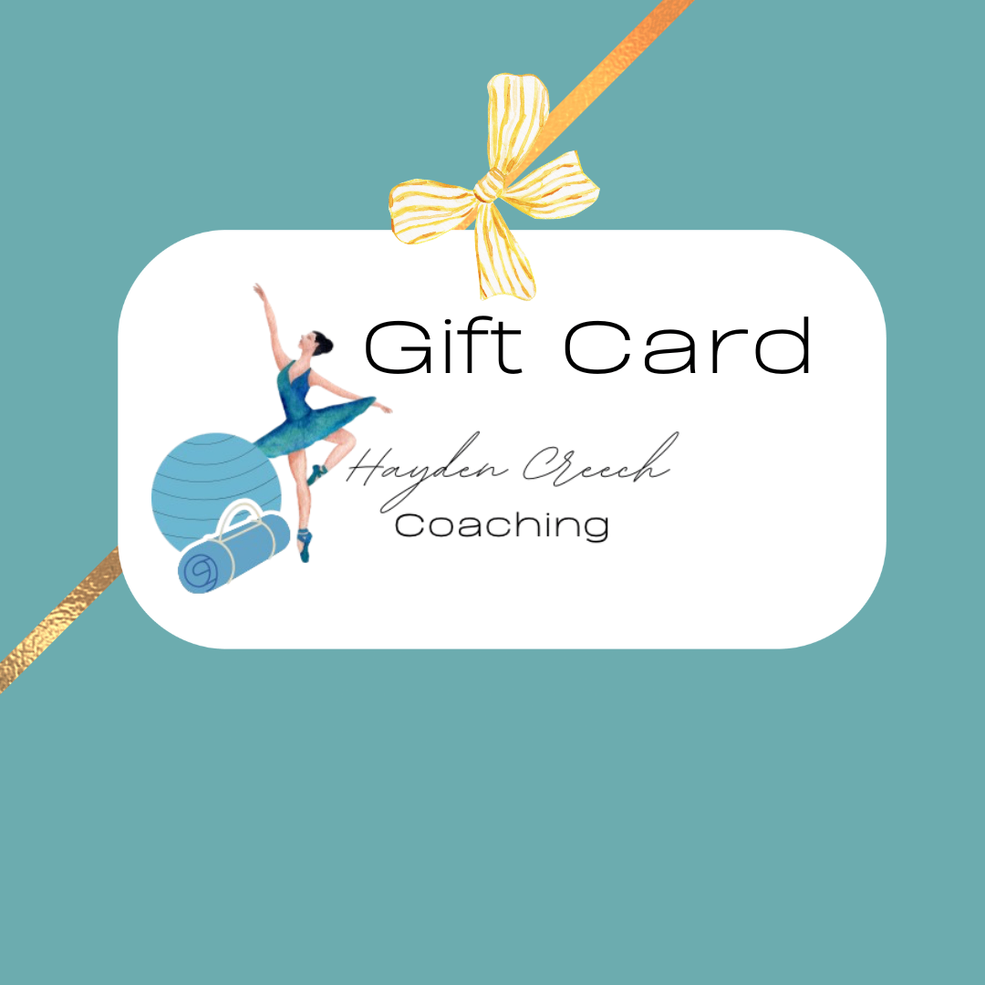 Gift card featuring a dancing figure, yoga mat, and exercise ball with the text "Hayden Creech Coaching" on a teal background.