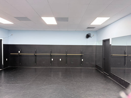 Dance studio with mirrors, barres, and a black floor.