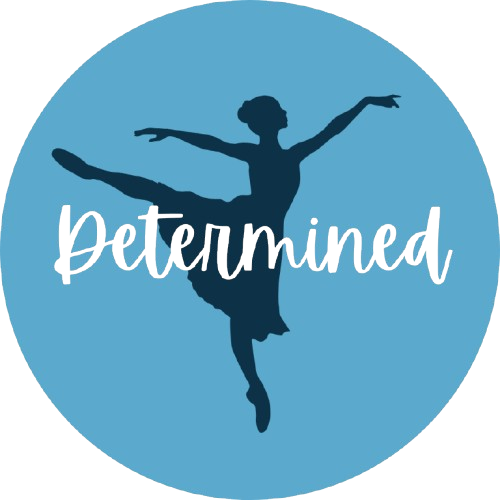 Ballerina silhouette in arabesque with white text "Determined" on medium blue background.