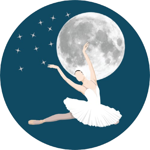 Odette in dying swan variation, positioned in front of full moon and stars against dark blue sky.