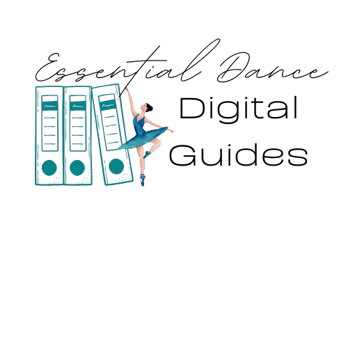 Logo for "Essential Dance Digital Guides" picturing a dancer and a stack of binders, both in teal.