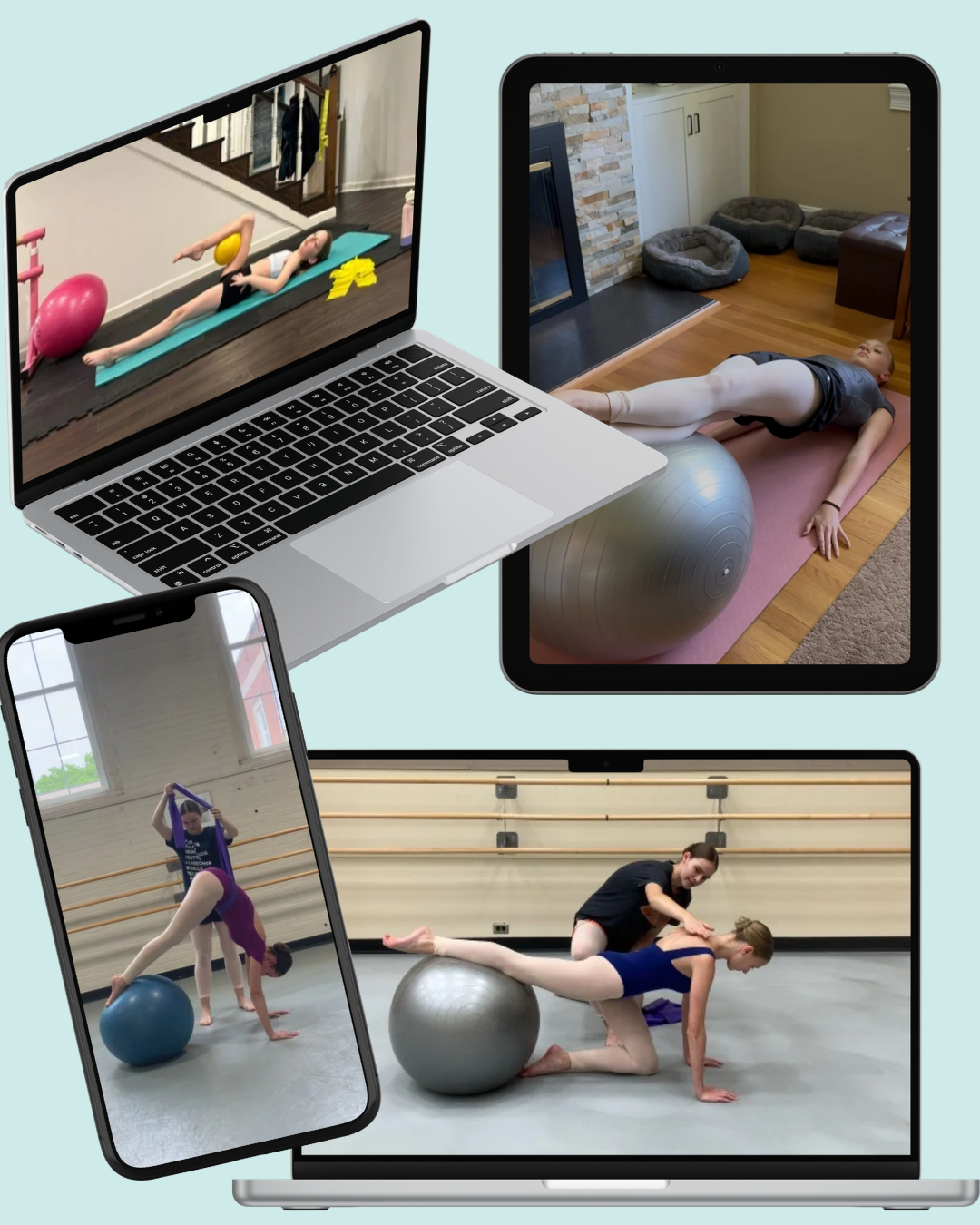 Collage of a laptop, tablet, and smartphone showing dancers practicing Progressing Ballet Technique with exercise balls.