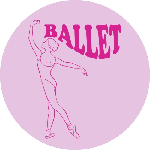 Dark pink ballerina in B Plus with wavy "Ballet" text on light pink background.