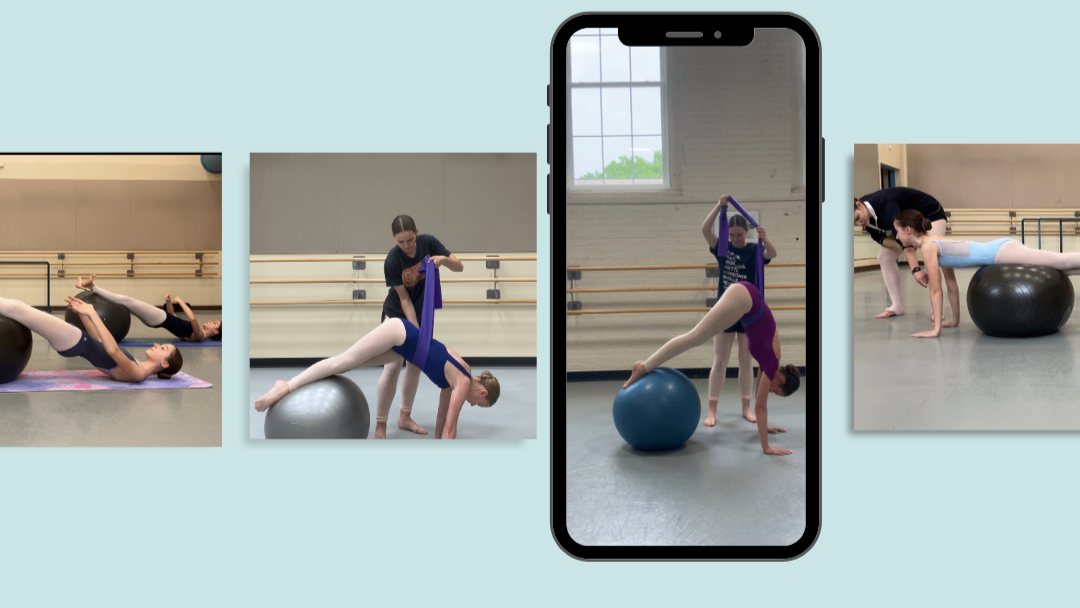 Display of PBT classes with various ballet students being corrected on form. Images portrayed scrolling through cell phone on light teal background.