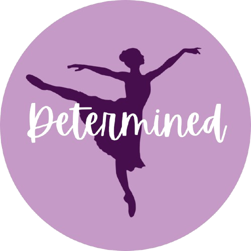 Ballerina silhouette in arabesque with white text "Determined" on medium purple background.