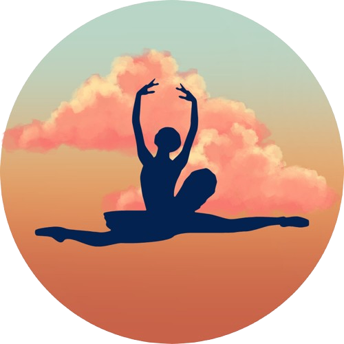 Ballerina silhouette leaping against orange and teal sunset with pink clouds.