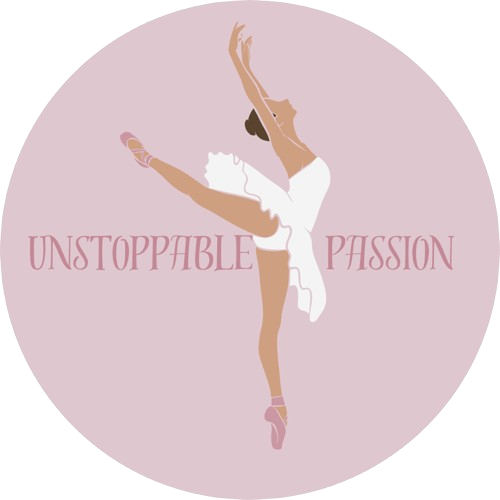 Ballerina in white tutu in attitude derriere on light pink background with text "Unstoppable Passion."